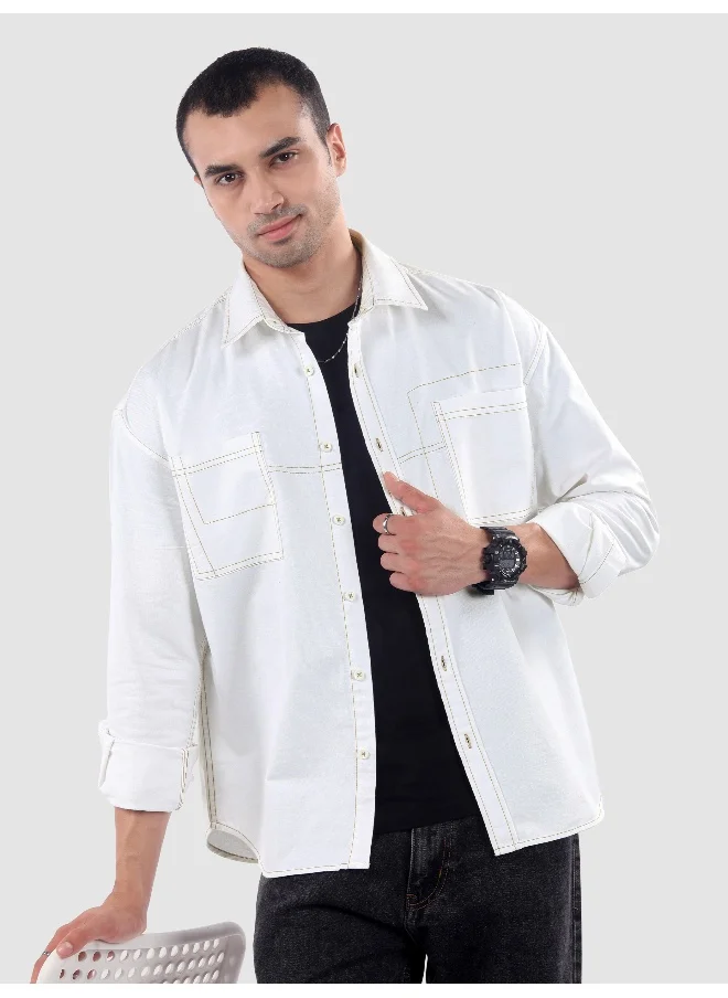 Beyoung White Dual Pocket Contrast Stitch Shirt