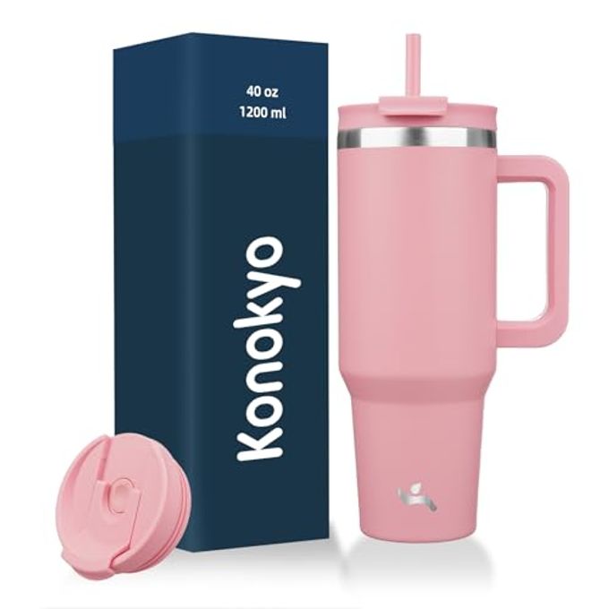 Konokyo 40 oz Tumbler with Handle and 2 Straws,2 in 1 Lid Insulated Water Bottle Stainless Steel Travel Coffee Mug,Pink - Image 1