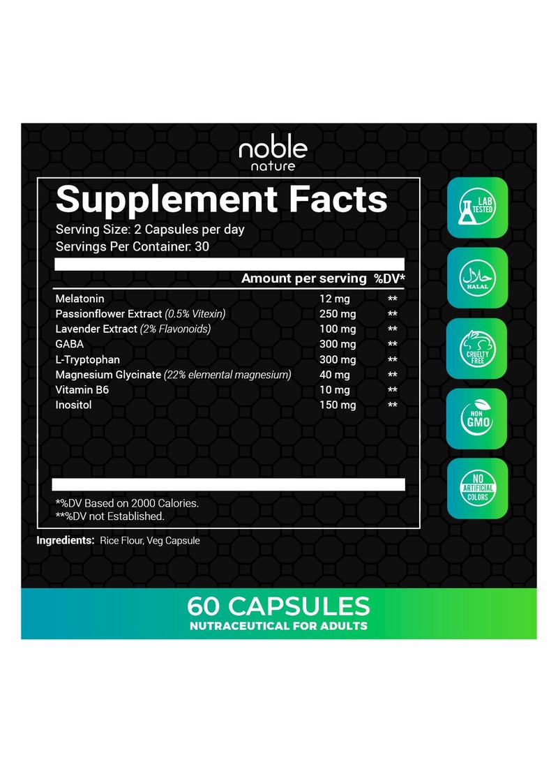 نوبل نيتشر كبسولات نباتية للنوم الهادئ - مع الميلاتونين، وزهرة الآلام، واللافندر، وحمض جاما أمينوبوتيريك، وحمض التريبتوفان، والمغنيسيوم، والإينوزيتول، وفيتامين ب6 - 60 كبسولة نباتية - Image 2