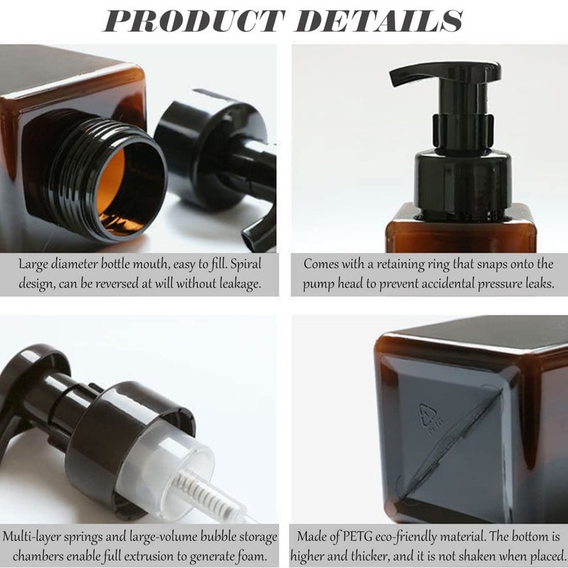 coldchill Foaming Soap Dispenser, 450ml(16oz) Refillable Modern Square Pump Bottle for Shampoo, Body Wash, Liquid Soap, PETG Plastic Empty Soap Dispenser for Kitchen, Bathroom, Hospital. 2 Pcs (Brown) - Image 5