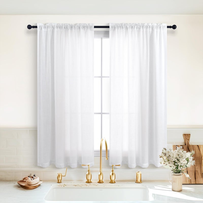 KOUFALL Bathroom Window Curtains Short White Linen Sheer Rod Pocket Small Curtains 45 Inch Length for Bedroom Kitchen Windows 2 Panels Set - Image 3