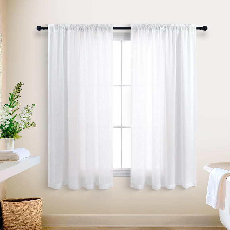 KOUFALL Bathroom Window Curtains Short White Linen Sheer Rod Pocket Small Curtains 45 Inch Length for Bedroom Kitchen Windows 2 Panels Set - Image 2