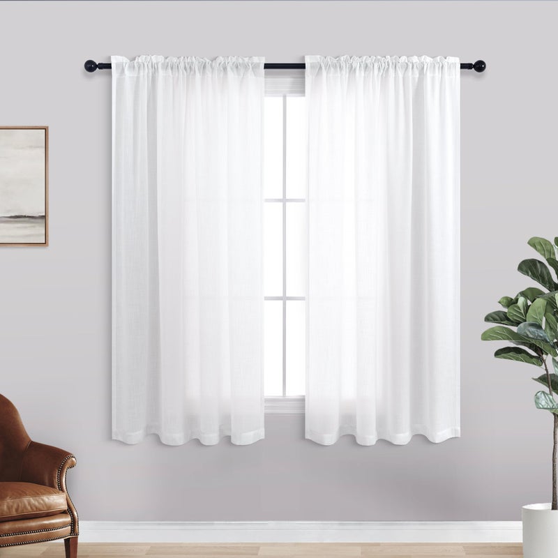 KOUFALL Bathroom Window Curtains Short White Linen Sheer Rod Pocket Small Curtains 45 Inch Length for Bedroom Kitchen Windows 2 Panels Set - Image 1