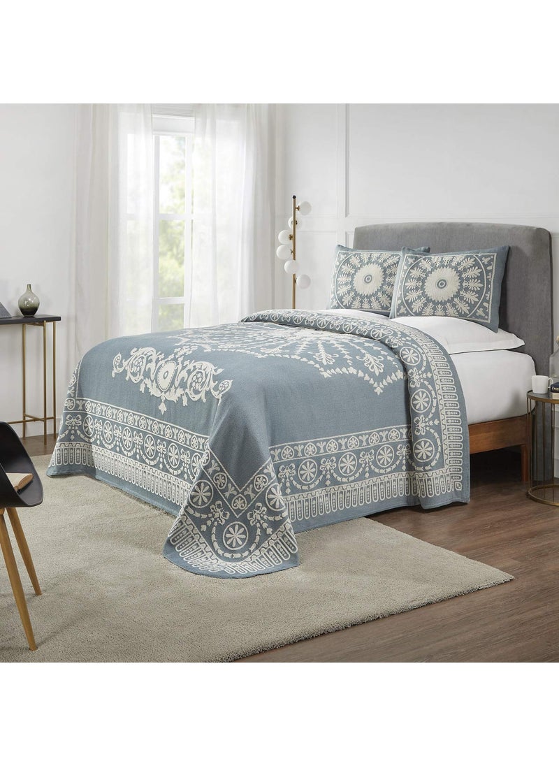 Superior Superior Cotton Blend Bedspread 3Piece Set Light Weight Blanket 2 Matching Pillow Shams Oversized Bedding Traditional Bedroom Jacquard Medallion Decor Kymbal Collection King Cerulean Blue 