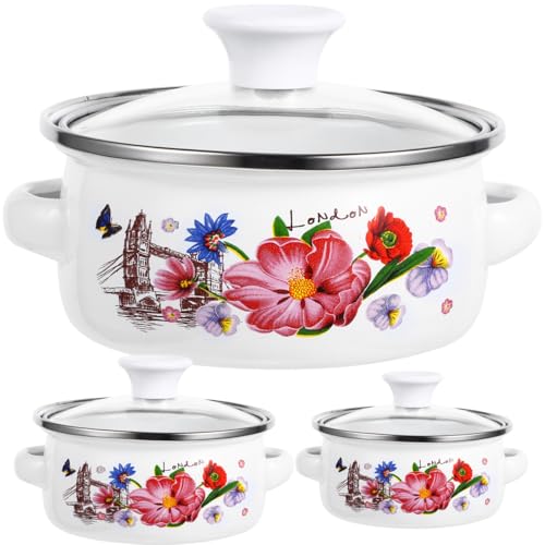 Baluue Enamel Pot Enamelware Stock Pot Set with Lid 3 Piece Vintage Floral Nesting Soup for Cooking and Serving Retro Enamel on Steel Casserole Set 13 16qt and 22qt for Home Kitchen Tower Pattern - Image 1