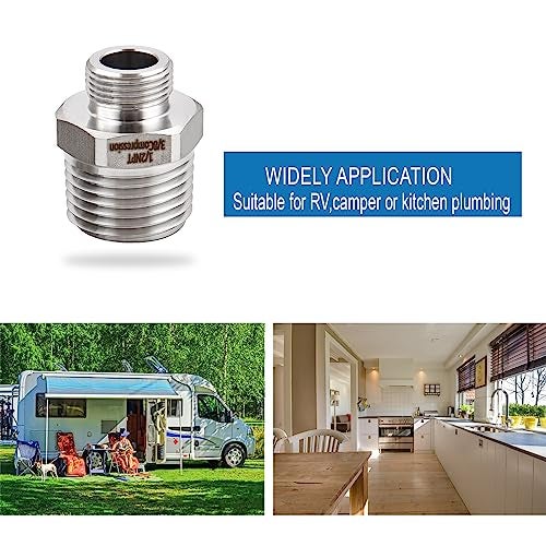 walkinginrain 1/2 to 3/8 Reducer Faucet Adapter, 304 Stainless Steel Compression Pipe Fitting, Water Supply Line Adapter for RV Kitchen Faucet, (Pack of 2) - Image 4