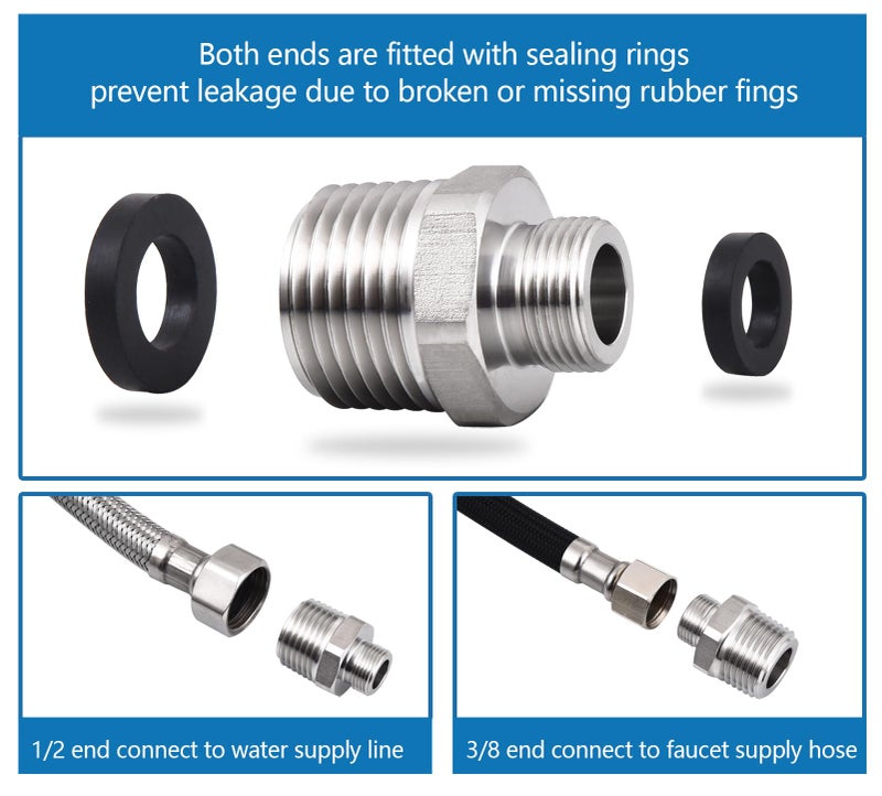 walkinginrain 1/2 to 3/8 Reducer Faucet Adapter, 304 Stainless Steel Compression Pipe Fitting, Water Supply Line Adapter for RV Kitchen Faucet, (Pack of 2) - Image 3