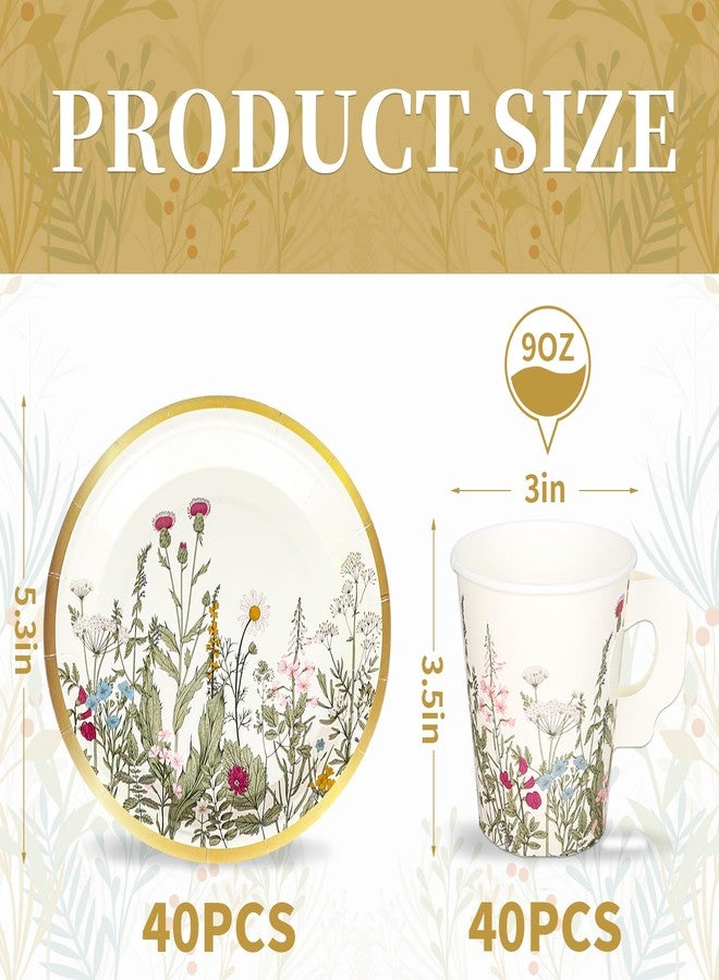 Whaline مجموعة حفلات الشاي من واهلين 80 قطعة أكواب شاي ورقية سعة 9 أونص مع مقبض وأطباق قابلة للتخلص منها أكواب شاي وزخارف زهرية عتيقة لمناسبات الربيع حفلات الزفاف حفلات العروس حفلات استقبال المواليد ديكور عيد الأم - Image 2