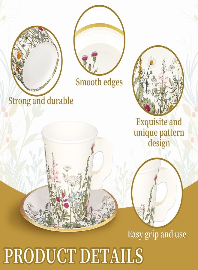 Whaline مجموعة حفلات الشاي من واهلين 80 قطعة أكواب شاي ورقية سعة 9 أونص مع مقبض وأطباق قابلة للتخلص منها أكواب شاي وزخارف زهرية عتيقة لمناسبات الربيع حفلات الزفاف حفلات العروس حفلات استقبال المواليد ديكور عيد الأم - Image 3