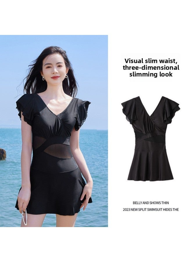 Loquat Autumn And Winter Hotel Hot Spring Swimsuit High Waist Slimming V-neck Women's Swimsuit French Lotus Leaf Sleeve Dress Female Niche-Color:Simple Black-  - Image 2