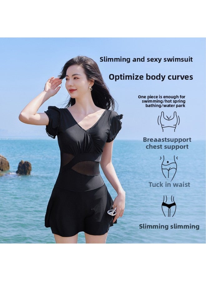 Loquat Autumn And Winter Hotel Hot Spring Swimsuit High Waist Slimming V-neck Women's Swimsuit French Lotus Leaf Sleeve Dress Female Niche-Color:Simple Black-  - Image 4