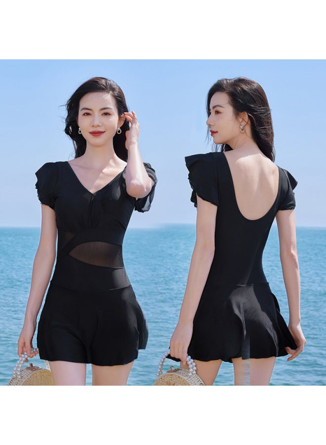 Loquat Autumn And Winter Hotel Hot Spring Swimsuit High Waist Slimming V-neck Women's Swimsuit French Lotus Leaf Sleeve Dress Female Niche-Color:Simple Black-  - Image 3