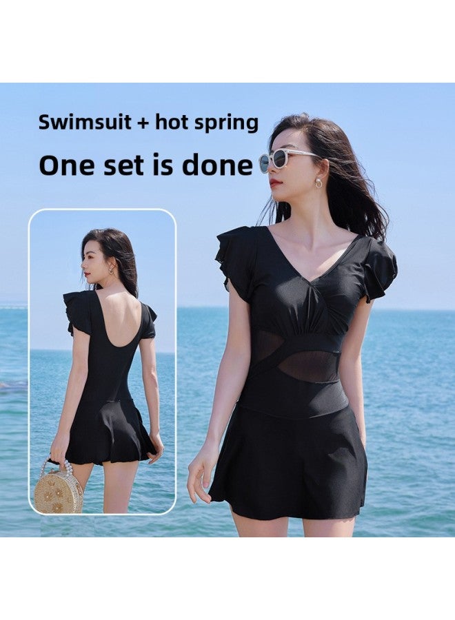 Loquat Autumn And Winter Hotel Hot Spring Swimsuit High Waist Slimming V-neck Women's Swimsuit French Lotus Leaf Sleeve Dress Female Niche-Color:Simple Black-  - Image 1