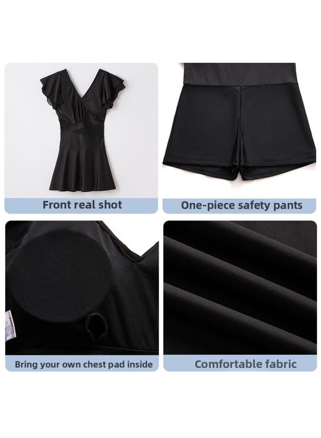Loquat Autumn And Winter Hotel Hot Spring Swimsuit High Waist Slimming V-neck Women's Swimsuit French Lotus Leaf Sleeve Dress Female Niche-Color:Simple Black-  - Image 5