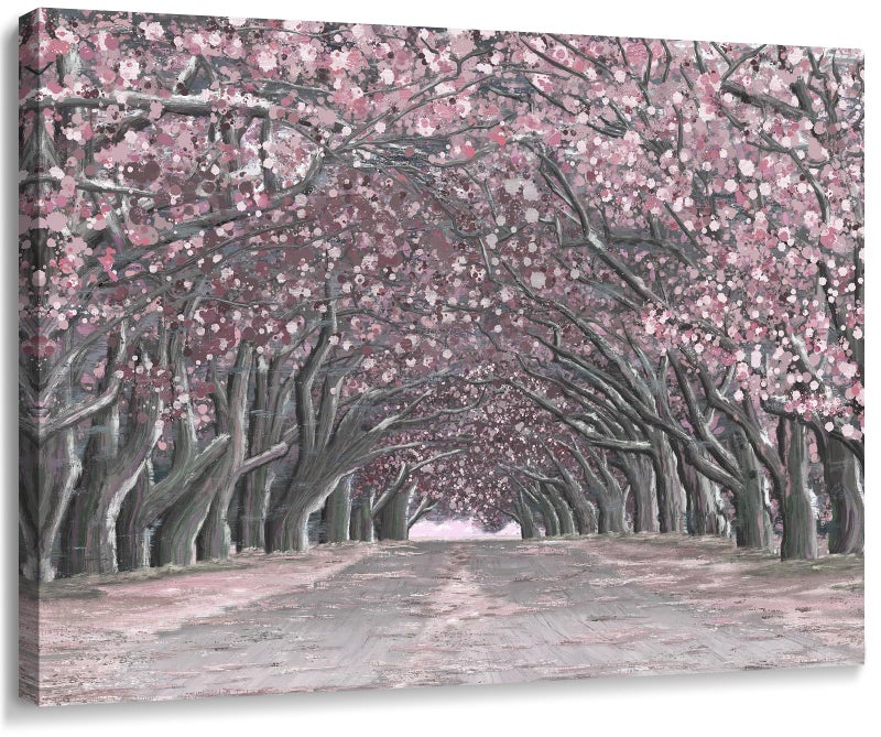 Nicetop Pink Wall Artâ€“Abstract Floral Trees Artwork Canvas Print Romantic Cherry Blossom Nature Forest Path Archway Landscape Picture Decor for Bedroom Girls Room Bathroom, 16x12 Inch - Image 1