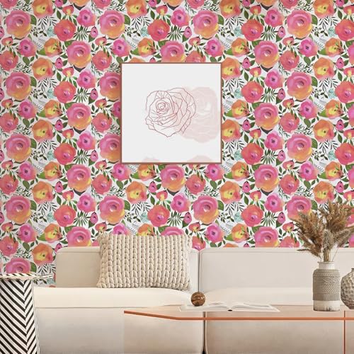 Wenmer Pink Floral Peel and Stick Peach Pink Flower Decorative Watercolor Removable Wallpaper for Dresser Cabinet Shelf Liner Bedroom Bathroom Accent Walls - Image 2
