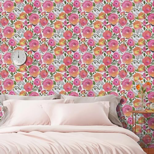 Wenmer Pink Floral Peel and Stick Peach Pink Flower Decorative Watercolor Removable Wallpaper for Dresser Cabinet Shelf Liner Bedroom Bathroom Accent Walls - Image 4