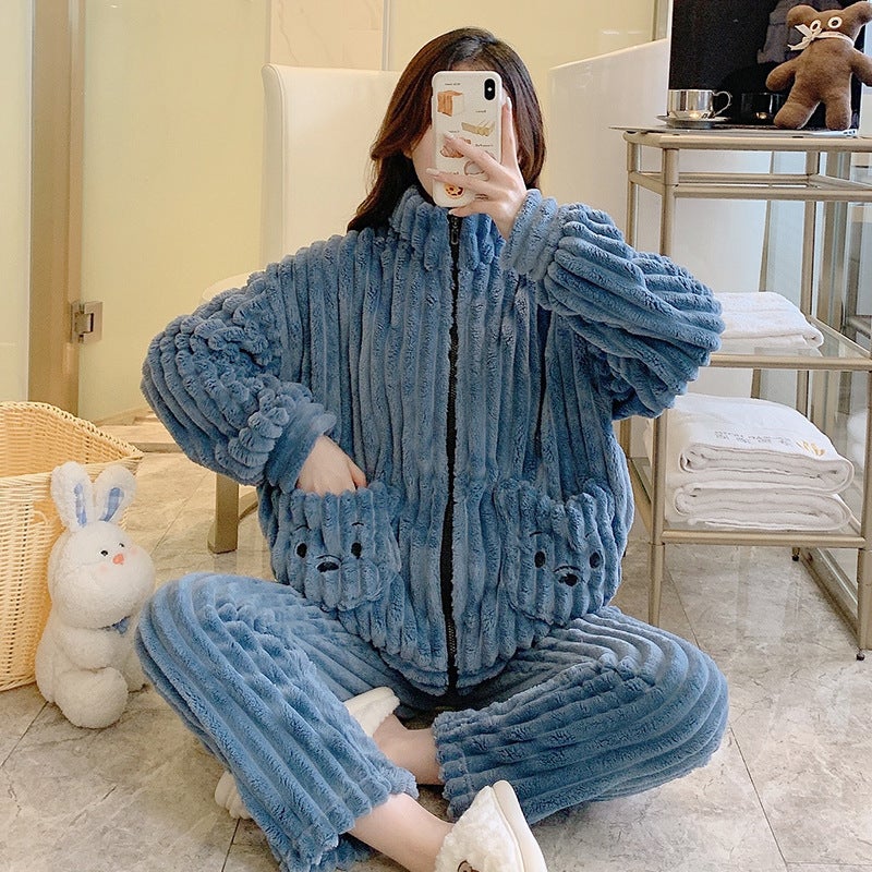 Autumn and winter flannel strip cute sweet coral velvet thick plus fat increase 220kg fat MM can wear home clothes - Image 1