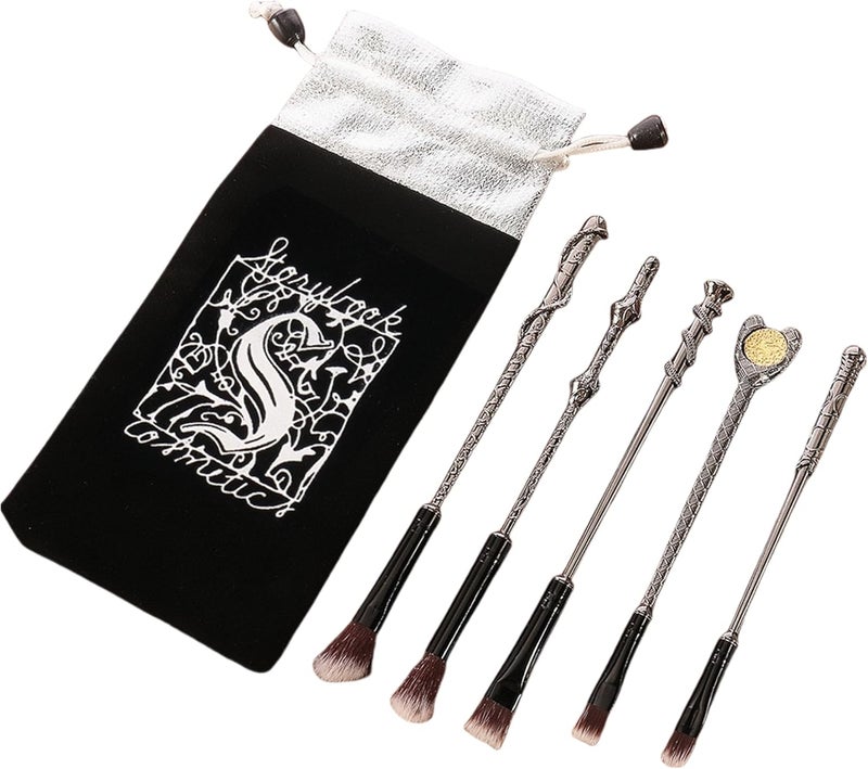 BANSHAN Makeup Brush Set Metal5 PCS Silver Handle Wizard Wand Anime Collection for Foundation Blush Eyeshadow Face Concealer Eyeliner Contour Powder Liquid Eye Anime Gift for Girls Women