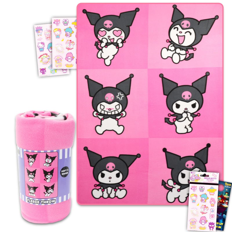 Hello Sanrio Kuromi Blanket Bundle Kuromi Blanket Throw Bundle with Hello Kitty Stickers and More for Kids Toddlers Children Hello Kitty Fleece Blanket 45 x 60