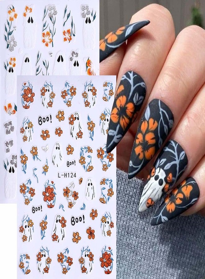 SWEET TREND Halloween Nail Art Stickers Set: 6pcs Ghost Bat Spider Pumpkin & Flower Designs - Self Adhesive Nail Decals with Tweezers Press Stick and Nail File - Easy DIY Manicure Decoration for Women - Image 2