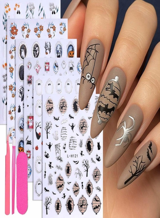 SWEET TREND Halloween Nail Art Stickers Set: 6pcs Ghost Bat Spider Pumpkin & Flower Designs - Self Adhesive Nail Decals with Tweezers Press Stick and Nail File - Easy DIY Manicure Decoration for Women - Image 1