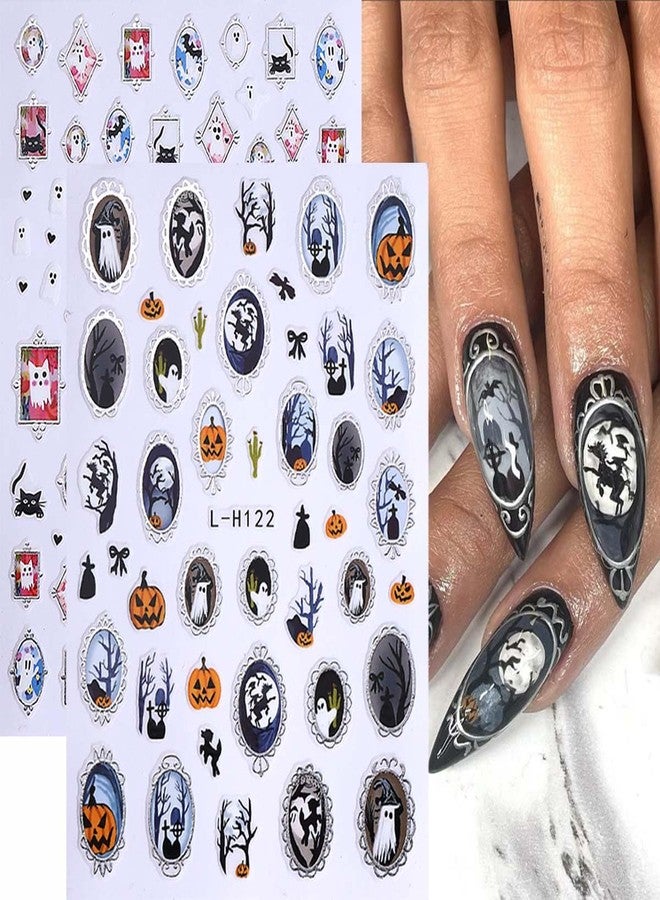 SWEET TREND Halloween Nail Art Stickers Set: 6pcs Ghost Bat Spider Pumpkin & Flower Designs - Self Adhesive Nail Decals with Tweezers Press Stick and Nail File - Easy DIY Manicure Decoration for Women - Image 3