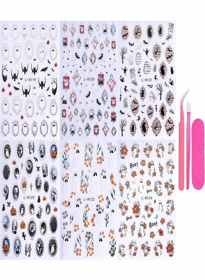 SWEET TREND Halloween Nail Art Stickers Set: 6pcs Ghost Bat Spider Pumpkin & Flower Designs - Self Adhesive Nail Decals with Tweezers Press Stick and Nail File - Easy DIY Manicure Decoration for Women - Image 5