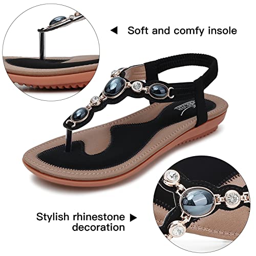 SHIBEVER Flat Sandals for Women Dressy: Black Size 8 Summer Comfort Dress Sandals - Comfortable Walking Dressy Rhinestone Flats Womens Sandal - Image 2