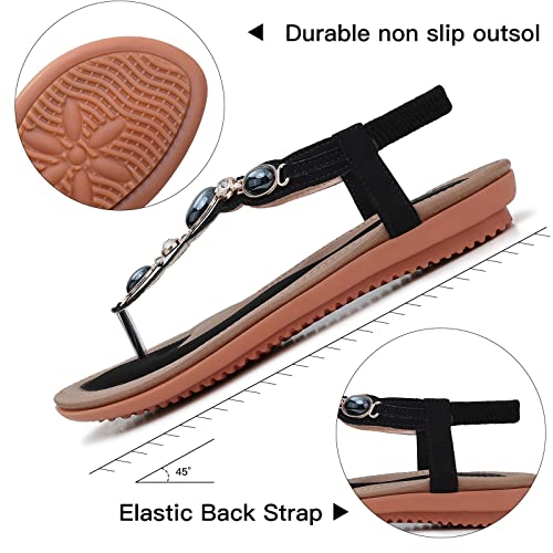 SHIBEVER Flat Sandals for Women Dressy: Black Size 8 Summer Comfort Dress Sandals - Comfortable Walking Dressy Rhinestone Flats Womens Sandal - Image 3