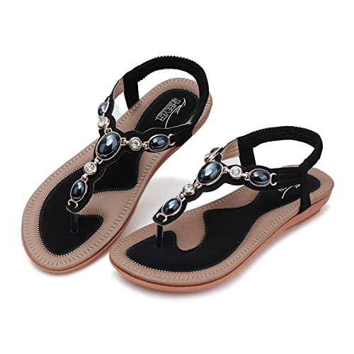 SHIBEVER Flat Sandals for Women Dressy: Black Size 8 Summer Comfort Dress Sandals - Comfortable Walking Dressy Rhinestone Flats Womens Sandal - Image 1