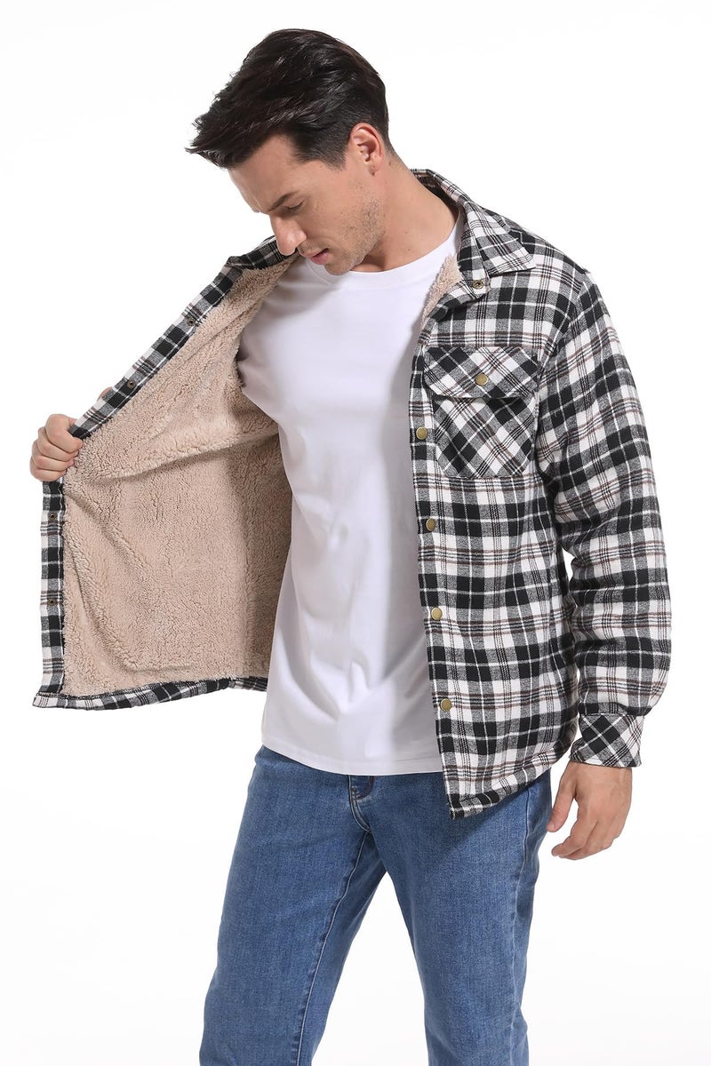 Puwasa Men's Sherpa Lined Cotton Flannel Shirt Jacket Plaid Button Up Jacket Coat for Men with Pocket Black Small - Image 3