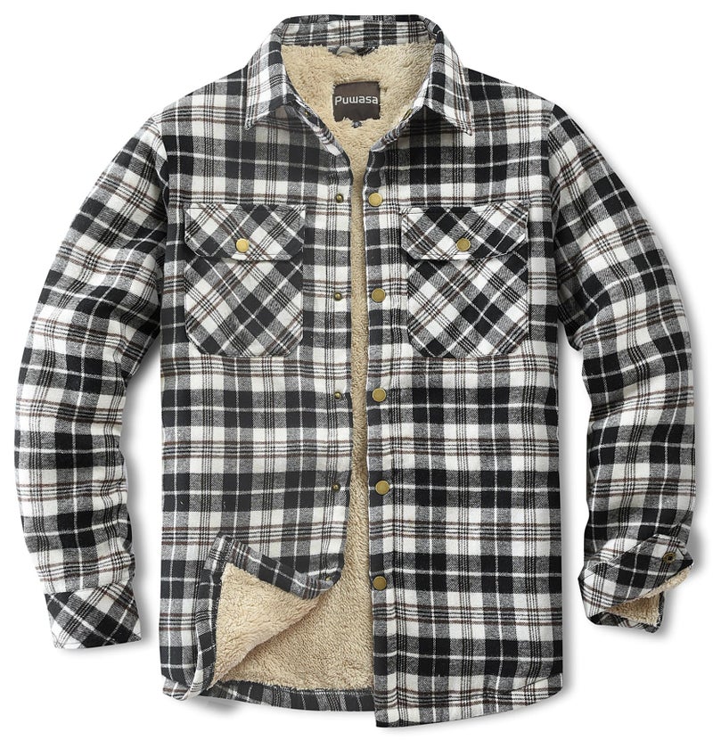 Puwasa Men's Sherpa Lined Cotton Flannel Shirt Jacket Plaid Button Up Jacket Coat for Men with Pocket Black Small - Image 1