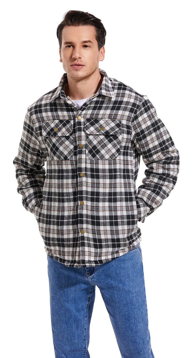 Puwasa Men's Sherpa Lined Cotton Flannel Shirt Jacket Plaid Button Up Jacket Coat for Men with Pocket Black Small - Image 4