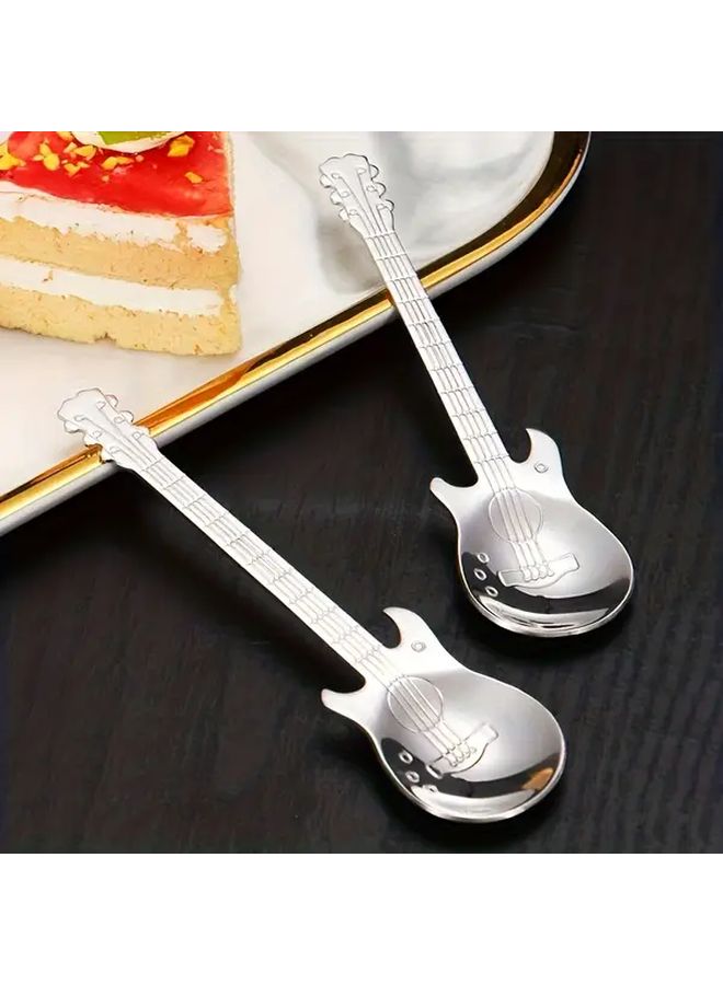 Silvery 2 Piece Set Stainless Steel Creative Cute Guitar Coffee Spoon Multi Purpose Tea Milk Ice Cream Dessert Mixing Stirring Spoon - Image 5