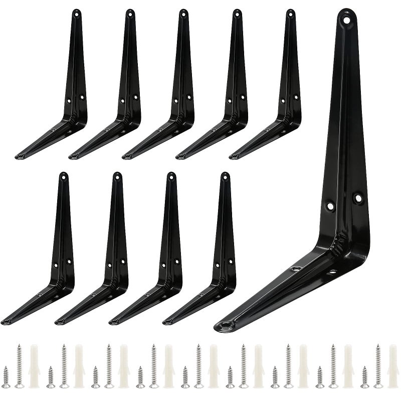 Uenhoy 10 Pack Shelf Brackets 6 Inch Heavy Duty Metal Floating Shelf Brackets Black Corner Brace Wall Mount L Brackets for Shelves Wood Boards with Screws 6 x 5