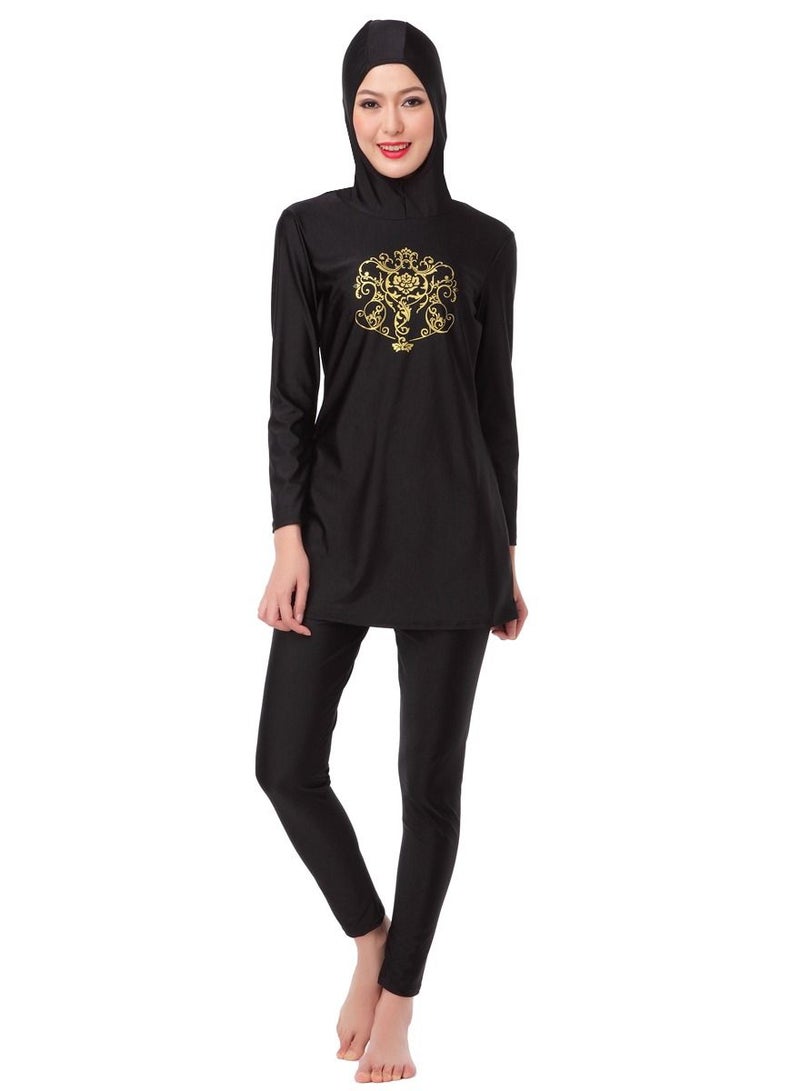 Loquat 2-Piece Conservative Hooded Swimwear Set Long Sleeve Burkini Swimsuit Set Black  - Image 1