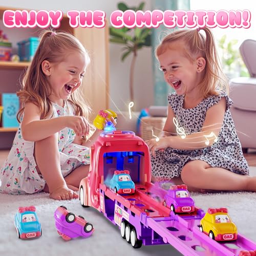 Hot Bee Girls Toy Car Set with Unicorn Toys Truck 6 Princess Cars 2Player Fold Out Track with Light Sound Friction Power Car Toys Birthday Gifts for 3 4 5 6 7 Year Old Toddler Girl - Image 5
