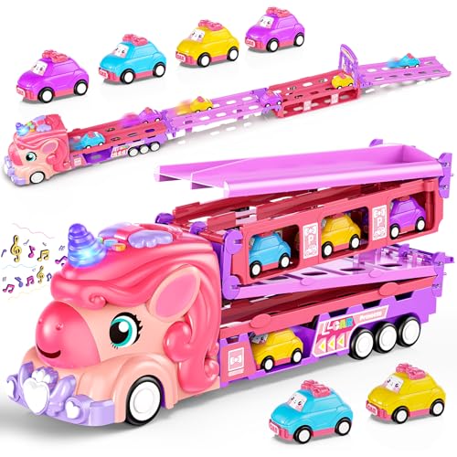 Hot Bee Girls Toy Car Set with Unicorn Toys Truck 6 Princess Cars 2Player Fold Out Track with Light Sound Friction Power Car Toys Birthday Gifts for 3 4 5 6 7 Year Old Toddler Girl - Image 1