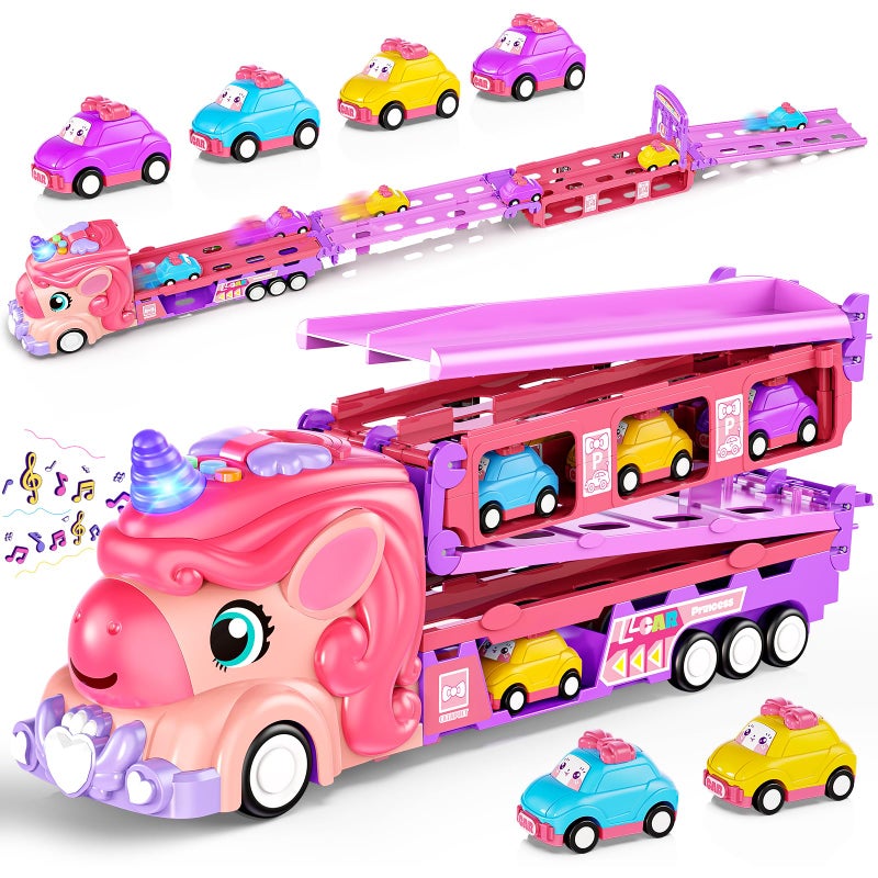 Hot Bee Girls Toy Car Set with Unicorn Toys Truck 6 Princess Cars 2Player Fold Out Track with Light Sound Friction Power Car Toys Birthday Gifts for 3 4 5 6 7 Year Old Toddler Girl - Image 3