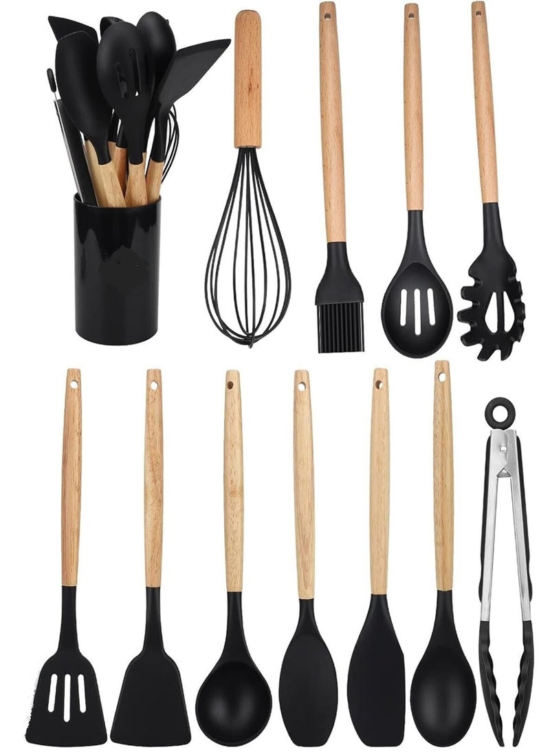 12 قطعة مجموعة أدوات مطبخ من السيليكون غير لاصقة، أواني الطبخ، أواني الطبخ، ملعقة، مجرفة، مضارب البيض، مقبض خشبي، أداة مطبخ الطبخ - Image 1