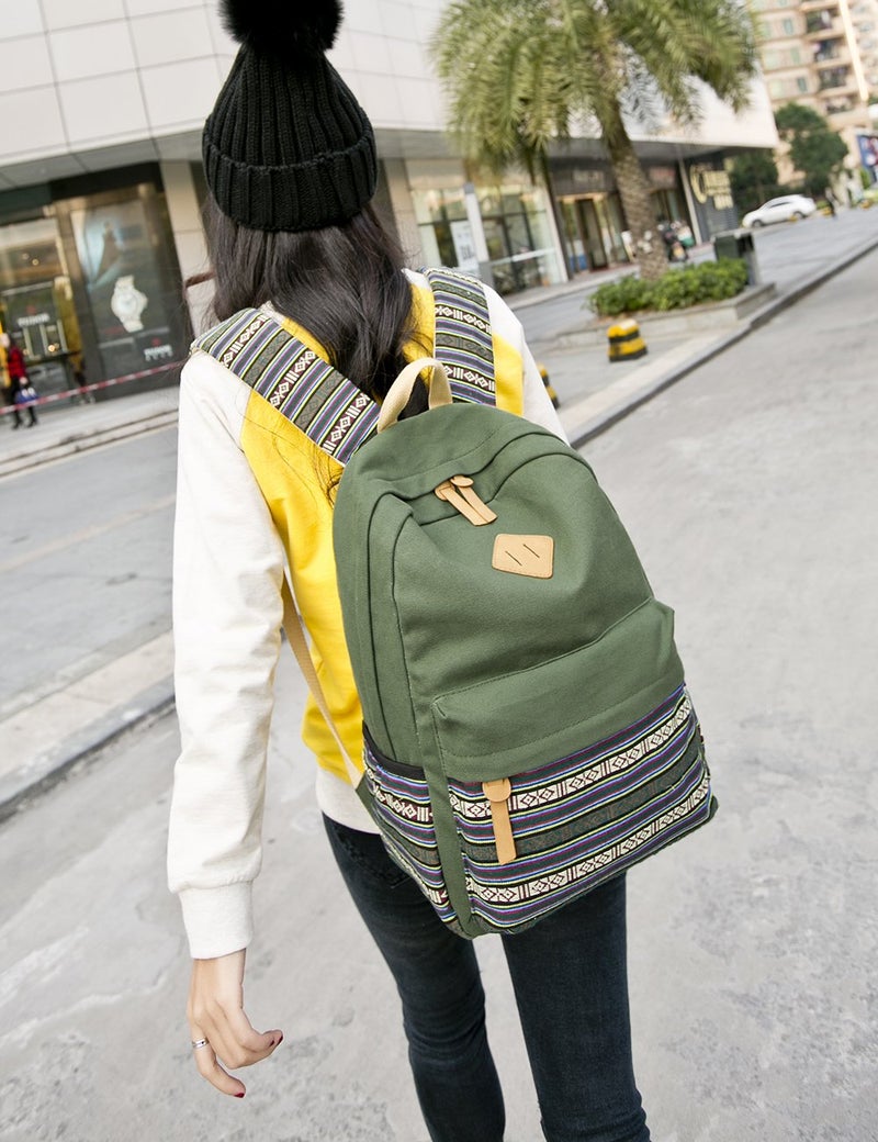 mygreen Kawaii Girls Backpack for School - Lightweight Canvas Backpack for Teens Ages 8-12, Fits 15 Inch Laptop, Cute Boho Floral Design, Durable & Comfortable Army Green - Image 2