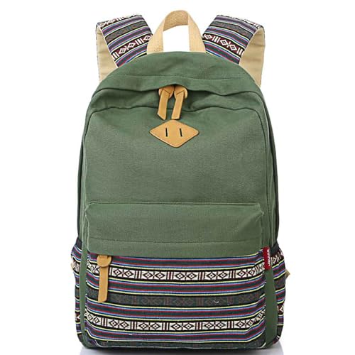 mygreen Kawaii Girls Backpack for School - Lightweight Canvas Backpack for Teens Ages 8-12, Fits 15 Inch Laptop, Cute Boho Floral Design, Durable & Comfortable Army Green - Image 1