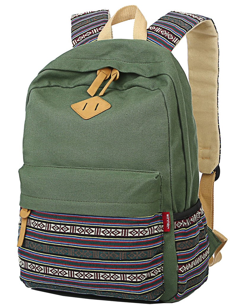 mygreen Kawaii Girls Backpack for School - Lightweight Canvas Backpack for Teens Ages 8-12, Fits 15 Inch Laptop, Cute Boho Floral Design, Durable & Comfortable Army Green - Image 3