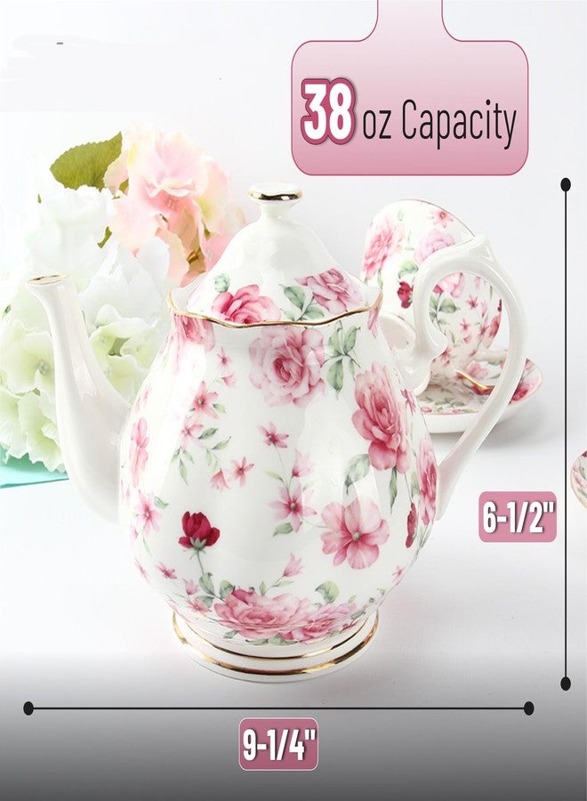 Brew To A Tea BTaT- Floral Tea Pot with Gift Box, 38 oz, White with Pink Roses & Gold Trim, Porcelain Teapot Ceramic, Dishwasher Safe, Mothers Day Gift - Image 2