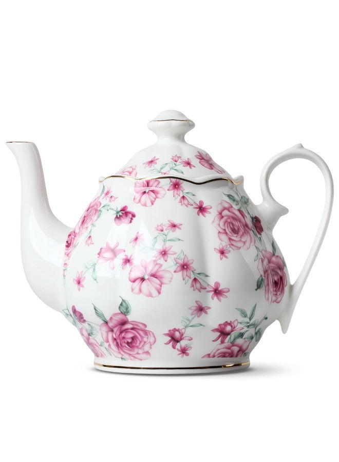 Brew To A Tea BTaT- Floral Tea Pot with Gift Box, 38 oz, White with Pink Roses & Gold Trim, Porcelain Teapot Ceramic, Dishwasher Safe, Mothers Day Gift - Image 1