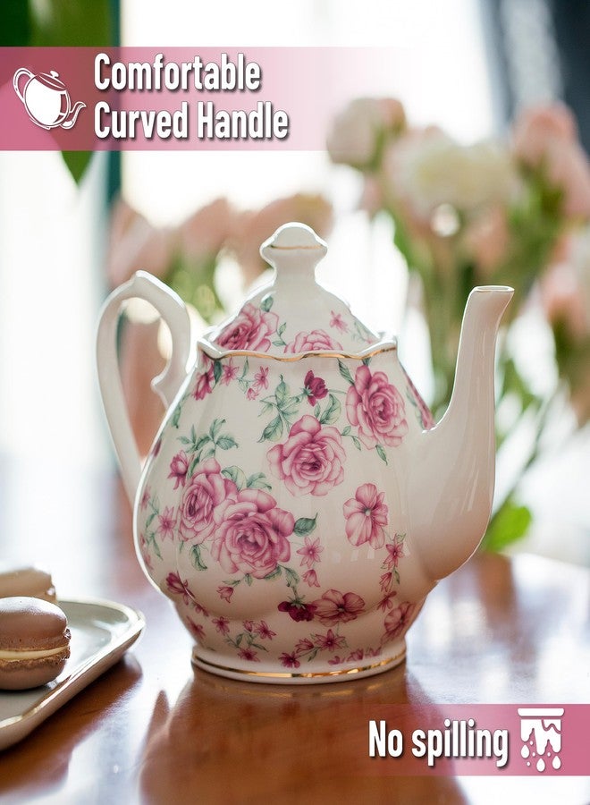 Brew To A Tea BTaT- Floral Tea Pot with Gift Box, 38 oz, White with Pink Roses & Gold Trim, Porcelain Teapot Ceramic, Dishwasher Safe, Mothers Day Gift - Image 4