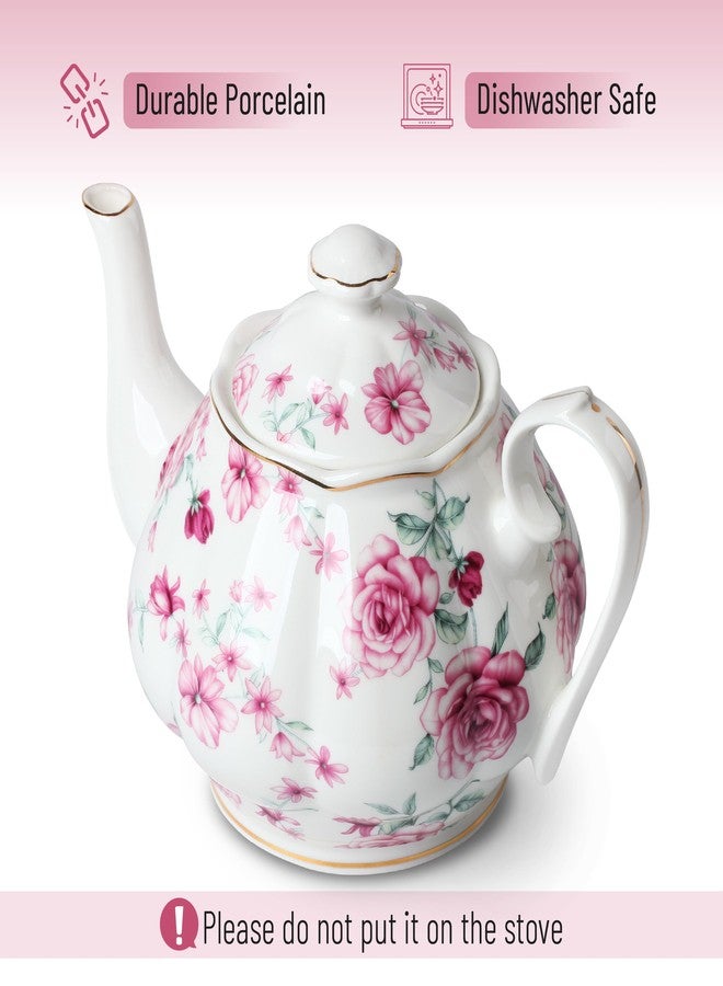 Brew To A Tea BTaT- Floral Tea Pot with Gift Box, 38 oz, White with Pink Roses & Gold Trim, Porcelain Teapot Ceramic, Dishwasher Safe, Mothers Day Gift - Image 3