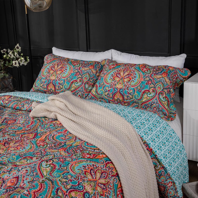 YASMENG 100% Cotton Boho Quilt Set Full Queen Size Colorful Gorgeous Paisley Mandala Floral Reversible Quilted Bedding Bohemian Vibrant Exotic Soft Breathable Bedspread Coverlet Set for All Seasons - Image 3