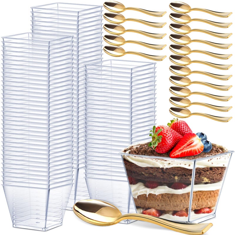 Dingion 400 Pcs 4 oz Plastic Dessert Cup with Spoon Set  200 Square Mousses Cup  200 Gold Glitter Tasting Spoons for Parfait Appetizer Ice Cream Wedding Party Catering